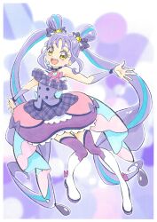  1girl :d absurdres back_bow blue_bow blue_hair blue_streaks boots bow bow_choker brooch choker commentary cure_kyunkyun double_bun dress earrings floating gloves hair_bow hair_bun half_gloves headset heart heart_brooch heart_hair_bun highres idol_heart_brooch_(precure) idol_heart_incom itaoka1 jewelry kimi_to_idol_precure long_hair looking_at_viewer magical_girl multicolored_hair off-shoulder_dress off_shoulder open_mouth plaid_bow plaid_clothes plaid_dress plaid_sleeves precure purple_bow purple_choker purple_dress purple_gloves purple_hair purple_theme purple_thighhighs purple_wrist_cuffs revision shigure_kokoro shirt short_dress single-shoulder_shirt smile solo streaked_hair teardrop_earrings teeth thigh-highs thigh_boots twintails two-tone_hair upper_teeth_only very_long_hair white_boots wrist_cuffs yellow_eyes 