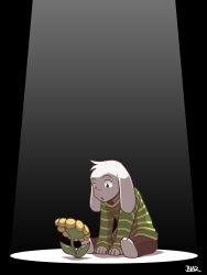  1boy 2016 2d :o animal_ears anthro arm_support artist_name asriel_dreemurr barefoot black_background blazbaros body_fur brown_pants commentary dark_background digital_media droopy_ears english_commentary floppy_ears flower full_body furry furry_male goat goat_boy goat_ears green_sweater horizontal-striped_clothes long_sleeves looking_at_flower male male_focus male_only mammal monster monster_boy open_mouth pants plant simple_background sitting solo spotlight striped_clothes striped_sleeves striped_sweater sweater two-tone_sweater undertale utdr_(toby_fox) white_fur yellow_flower yellow_stripes 