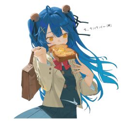  1girl ahoge alternate_costume amamiya_kokoro bag bell blazer blue_hair blue_skirt blue_vest blunt_bangs blush bow bowtie bread bread_slice briefcase brown_bag brown_jacket butter commentary_request crossed_bangs eating facing_viewer food food_in_mouth hair_bell hair_intakes hair_ornament hands_up highres holding holding_bag holding_briefcase jacket long_hair looking_down lupinu5 mouth_hold nijisanji open_clothes open_jacket pleated_skirt red_bow red_bowtie school_bag school_uniform shirt sidelocks simple_background skirt solo toast toast_in_mouth translation_request twintails upper_body vest virtual_youtuber white_background white_shirt yellow_eyes 