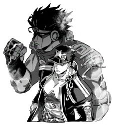  2boys adversarial_noise armor black_hair chain egg_(cknlun) gakuran greyscale hat jojo_no_kimyou_na_bouken kujo_jotaro long_coat male_focus monochrome multiple_boys pauldrons school_uniform shoulder_armor stand_(jojo) star_(symbol) star_platinum star_print stardust_crusaders stone_ocean 