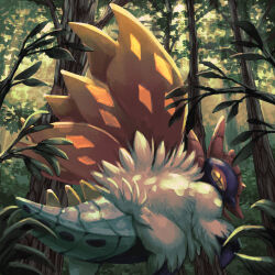  alt_text commentary english_commentary forest friedunicornstudio full_body highres nature no_humans outdoors pokemon pokemon_(creature) pokemon_focus slither_wing solo tree 
