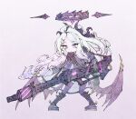  1girl absurdly_long_hair blue_archive boots coat coat_on_shoulders demon_wings expressionless fur_trim hair_ornament halo highres hina_(blue_archive) holding holding_weapon horns jacket long_hair seabearsnake solo thigh-highs very_long_hair violet_eyes weapon weapon_request white_hair wings 