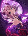  1girl ahoge bare_shoulders belly_chain blonde_hair bow circlet clothing_cutout demon_horns demon_wings dress elbow_gloves fake_horns fake_wings full_moon gloves green_eyes hair_bow highres horns idolmaster idolmaster_cinderella_girls idolmaster_cinderella_girls_starlight_stage idolmaster_cinderella_girls_u149 jewelry long_hair looking_at_viewer low_twintails moon navel navel_cutout night open_mouth parted_lips purple_dress purple_gloves purple_moon reaching_towards_viewer sasasasa solo twintails wings yusa_kozue 