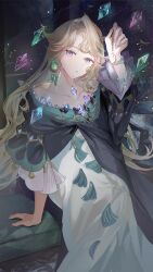  1girl absurdres beryl_bouanich black_cloak blue_eyes cloak crescent crescent_earrings crystal crystal_earrings dragonfly_hair_ornament dress earrings feet_out_of_frame floating_earrings glance_neon grey_hair hand_up highres holding holding_pocket_watch jewelry long_dress long_hair looking_at_viewer mismatched_earrings parted_lips pocket_watch reverse:1999 sitting solo watch white_dress 