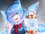  1girl :d akane_(a_reddam) blue_dress blue_eyes blue_flower blue_hair bow bowtie breasts cirno dress fingernails flower gradient_background grey_background hair_between_eyes highres holding holding_lantern ice ice_wings index_finger_raised lantern looking_at_viewer red_bow red_bowtie rose short_hair simple_background small_breasts smile solo teeth touhou upper_body upper_teeth_only wing_collar wings 