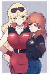  2girls absurdres amuro_ray blonde_hair blue_pants breasts brown_hair char_aznable commentary dress eyewear_on_head genderswap genderswap_(mtf) gloves gundam height_difference highres mobile_suit_gundam multiple_girls pants red_dress red_gloves smile violet_eyes yuma_(zero) 