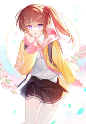  1girl black_skirt bob_cut brown_hair cherry_blossoms clothes_lift cowboy_shot falling_petals floating_hair floral_background grey_vest hair_between_eyes hair_bobbles hair_intakes hair_ornament high_side_ponytail highres jacket long_hair long_sleeves looking_at_viewer lyrical_nanoha mahou_shoujo_lyrical_nanoha miniskirt neck_ribbon open_clothes open_jacket open_mouth petals pink_ribbon ribbon school_uniform shirt shiyoi side_ponytail sidelocks skirt skirt_lift sleeves_past_wrists smile solo takamachi_nanoha upper_body vest violet_eyes white_shirt wind yellow_jacket 