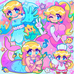  absurdres blonde_hair blue_eyes character_request earrings flower heart high_ponytail highres holding holding_pastry_bag inky_trash jewelry merfolk mermaid mermaid_peach monster_girl nintendo official_alternate_costume pastry_bag pink_ribbon ponytail princess_peach princess_peach:_showtime! rainbow ribbon super_mario_bros. super_mario_bros._1 
