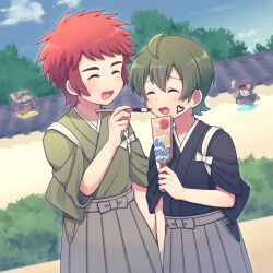  2boys ahoge appmon architecture black_haori blush bush calligraphy_brush closed_eyes commentary_request digimon digimon_universe:_appli_monsters drawing_on_another's_face east_asian_architecture gatchmon green_hair green_haori hagoita hakama haori happy_new_year highres holding holding_paddle japanese_clothes lulu_hane male_focus multiple_boys new_year offmon open_mouth ozora_yujin paddle paintbrush red_hair shinkai_haru smile wide_sleeves 