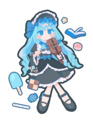  1girl aimaisa_kaihi alternate_costume artist_name black_bonnet black_dress black_shoes blue_eyes blue_hair blush_stickers bonnet book bow_(music) candy checkerboard_cookie closed_mouth cookie dress expressionless food full_body gengaku_shoujo_wa_akirame_wo_shirazu_ni_(neutrino) gothic_lolita highres holding holding_bow_(music) holding_instrument holding_violin instrument kotonoha_aoi lace-trimmed_dress lace_trim lolita_fashion long_hair looking_at_viewer low-tied_sidelocks mary_janes music open_book playing_instrument popsicle ringlets shoes sidelocks solo violin voiceroid wrapped_candy 
