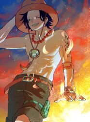  1boy 4pimh abs arm_tattoo belt black_hair bracelet commentary fire freckles hat highres jewelry knee_pads looking_ahead male_focus necklace one_eye_closed one_piece orange_hat outdoors pearl_necklace portgas_d._ace pouch shorts single_knee_pad smile solo tattoo thigh_pouch topless_male untranslatable_commentary 