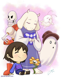  0_0 1girl 2016 2boys 2d 2others ambiguous_gender animal_ears ankle_boots antennae anthro arm_support armor artist_name barefoot blue_shorts blue_sweater body_fur boots brown_boots brown_hair brown_hat cape child closed_eyes commentary creature delta_rune_(symbol) delta_rune_print deviantart_username digital_media double_horizontal_stripe droopy_ears english_commentary eyelashes fangs female floppy_ears flower flowey_(undertale) frisk_(undertale) full_body furry furry_female ghost gloves goat goat_ears goat_girl goat_horns gradient_background hands_on_own_hips hay highres horizontal-striped_clothes horns human humanoid insect_wings j8d layerpaint_(medium) long_sleeves male mammal mixed_media monster monster_boy monster_girl multiple_boys multiple_others napstablook own_hands_together papyrus_(undertale) pink_background pink_stripes plant purple_robe red_boots red_cape red_gloves robe sheet_ghost short_hair shorts signature simple_background sitting skeleton smile standing striped_clothes striped_sweater sweater teeth top_hat toriel traditional_media two-tone_sweater undead undertale utdr_(toby_fox) whimsun white_armor white_fur white_horns white_sleeves wings yellow_flower 