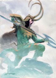  1boy esad_ribic fake_horns gold_helmet green_pants green_tunic grey_background helmet holding holding_polearm holding_weapon horned_helmet horns loki_(marvel) male_focus marvel mature_male official_art open_mouth painting_(medium) pants polearm realistic solo third-party_source thor_(marvel)_(series) traditional_media trident tunic watercolor_(medium) weapon wrinkled_skin yellow_trim 