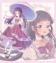  1girl absurdres alternate_costume black_shoes bow bowtie commentary criss-cross_halter frilled_skirt frilled_sleeves frills gloves hair_bow half_updo halterneck high-waist_skirt highres holding holding_own_skirt holding_umbrella izayoi_liko lilylily0601 long_hair long_skirt long_sleeves looking_at_viewer mahou_girls_precure! mary_janes multiple_views pantyhose parasol precure purple_bow purple_bowtie purple_hair purple_skirt shirt shoes skirt standing umbrella violet_eyes white_gloves white_pantyhose white_shirt 