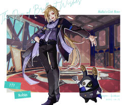  1boy :d ahoge arm_out_of_sleeve artist_name bangboo_(zenless_zone_zero) belt black_belt black_gloves black_jacket black_pants black_shoes blonde_hair border chain character_name collared_shirt commentary_request dated english_text fang gloves gold_ring grey_eyes hair_between_eyes hand_on_own_hip heterochromia highres hugo_vlad jacket jewelry lapel_pin lapels long_hair long_sleeves looking_at_viewer low_ponytail male_focus mole mole_under_eye multiple_rings necktie open_clothes open_jacket open_mouth outside_border outstretched_arm pants parted_bangs pointy_ears ponytail purple_necktie purple_scarf purple_shirt red_eyes ring robin_(zenless_zone_zero) scarf shirt shoes single_glove smile solo standing three-quarter_sleeves thumb_ring twitter_username very_long_hair wallet_chain washidake white_border window wing_collar zenless_zone_zero 