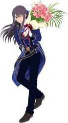  1boy artist_request belt black_belt black_eyes black_hair black_pants blue_coat blue_ribbon blue_suit bouquet brown_shoes coat flower formal_clothes full_body game_cg gloves gold_trim hair_ribbon hand_on_own_hip highres holding holding_bouquet long_hair looking_at_viewer official_alternate_costume official_alternate_hairstyle official_art one_eye_closed pants pink_flower pink_rose ribbon rose shirt shoes simple_background smile solo standing standing_on_one_leg suit tales_of_(series) tales_of_asteria tales_of_vesperia teeth third-party_source transparent_background white_gloves white_shirt yuri_lowell yuri_lowell_(anniversary) 