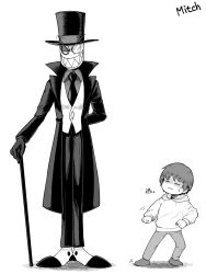  1boy 1other arm_behind_back black_hat_(villainous) buttons can clenched_hands coat collared_shirt crossover frisk_(undertale) full_body greyscale grin hat highres holding holding_can hood hoodie looking_at_another monochrome monocle necktie nyatarou open_clothes open_coat pants shadow shirt shoes size_difference smile standing sweatdrop top_hat undertale utdr_(toby_fox) vest villainous 