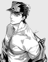  1boy chain commentary_request egg_(cknlun) hat highres jojo_no_kimyou_na_bouken kujo_jotaro male_focus off_shoulder pectoral_focus pectorals shirt solo star_(symbol) star_print stone_ocean t-shirt tight_clothes tight_shirt undressing 