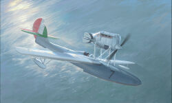  1other aircraft airplane commentary cotact147 engine flag_print flying flying_boat highres italian_flag italian_flag_print macchi_m33 motion_blur ocean original propeller seaplane untranslatable_commentary vehicle_focus water 