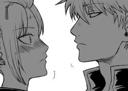  1boy blush commentary_request eye_contact face-to-face gintama kunai kunai_hair_ornament looking_at_another mj8ctcs7a9bz68r monochrome sakata_gintoki scar scar_on_face tsukuyo_(gintama) weapon 