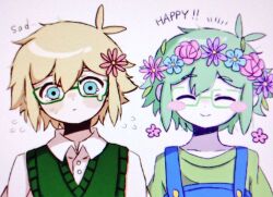  2boys antenna_hair basil_(faraway)_(omori) basil_(headspace)_(omori) basil_(omori) bespectacled blonde_hair blue_eyes blue_overalls blush blush_stickers closed_eyes closed_mouth collarbone collared_shirt commentary double-parted_bangs dual_persona english_text flower flower_wreath flying_sweatdrops geldslzcyf59548 glasses green-framed_eyewear green_hair green_shirt green_sweater_vest hair_between_eyes head_wreath looking_at_viewer male_focus multiple_boys omori overalls rectangular_eyewear shirt short_hair sidelocks simple_background sweat sweater_vest t-shirt teardrop-framed_glasses untranslatable_commentary white_background white_shirt 
