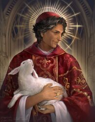  1boy absurdres animal baby_animal black_hair brown_eyes cassock church coat conclave gae_akke gold_ring grey_hair halo hat highres holding holding_animal lamb male_focus multicolored_hair priest red_coat red_hat sheep shirt short_hair smile solo streaked_hair twitter_username upper_body vincent_benitez white_shirt wide_sleeves 