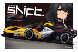  1girl absurdres american_flag american_flag_print artist_logo artist_name bandaid bandaid_on_face bandaid_on_nose black_hair black_jacket blush border bosch_(company) budweiser canadian_flag chevrolet_corvette corvette_racing cygames english_text flag_print hair_between_eyes highres imsa_sportscar_championship italian_flag jacket japanese_flag logo looking_at_viewer medium_hair mei_(genistarts) michelin michelin_man motion_lines mountain_dew original outside_border sandisk solo spoiler_(automobile) sponsor tex_copelund valvoline vehicle_focus white_border 