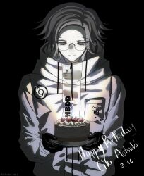  1boy aotsuki_eito artist_name black_background black_gloves breast_pocket cake candle character_name commentary_request dated drawstring food glasses gloves grey_eyes grey_hair happy_birthday highres holding holding_plate jacket looking_at_food male_focus matchawani plate pocket semi-rimless_eyewear short_hair smile solo strawberry_shortcake the_hundred_line_-last_defense_academy- upper_body white_jacket 