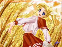  1girl bad_id bare_tree bow cowboy_shot dutch_angle fang from_behind hair_bow looking_at_viewer looking_back medium_hair midriff_peek miyauchi_lemmy neckerchief open_mouth orange_sky outdoors outstretched_arms pleated_skirt ponytail red_neckerchief red_sailor_collar red_skirt saeki_yuu sailor_collar school_uniform serafuku shirt shoes signature skirt sky smile solo standing standing_on_one_leg to_heart to_heart_(series) tree white_bow white_shirt white_shoes 