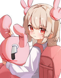  1girl absurdres aged_down alternate_costume aoi_(swoi_ekk) backpack bag blonde_hair closed_mouth hair_ornament highres holding holding_stuffed_toy knife long_hair long_sleeves looking_at_viewer looking_back natori_sana pink_bag rabbit_hair_ornament randoseru red_eyes sana_channel simple_background solo stuffed_animal stuffed_rabbit stuffed_toy stuffing sweater two_side_up upper_body white_background white_sweater 