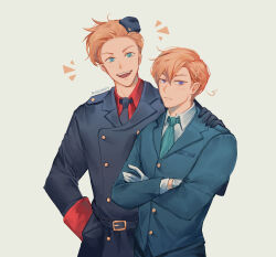  2boys absurdres ahoge axis_powers_hetalia belt black_belt black_coat black_gloves black_hat black_necktie blue_eyes blue_jacket blue_necktie blue_pants blue_suit blush breast_pocket buttons closed_mouth coat collared_shirt cross_hair_ornament crossed_arms denmark_(hetalia) english_commentary formal_clothes gloves hair_between_eyes hair_ornament half-closed_eyes hand_in_pocket hand_on_another's_shoulder hand_up hat highres inozuart jacket lapels long_sleeves looking_at_viewer male_focus military_hat military_jacket military_uniform mini_hat multiple_boys necktie norway_(hetalia) notice_lines open_mouth orange_hair pants pocket red_shirt shirt short_hair simple_background smile suit suit_jacket teeth tongue upper_body v-shaped_eyebrows violet_eyes white_background white_gloves white_shirt 