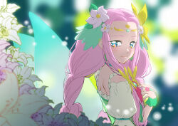  1girl absurdres blurry blurry_background blurry_foreground braid closed_mouth clothing_cutout commentary cure_felice depth_of_field dress flower from_side glowing glowing_wings green_dress green_eyes hair_flower hair_ornament hair_over_shoulder hanami_kotoha highres itaoka1 light_particles lily_(flower) long_hair looking_at_viewer magical_girl mahou_girls_precure! multicolored_eyes pink_eyes pink_hair precure short_sleeves shoulder_cutout sidelocks smile solo twin_braids upper_body very_long_hair white_flower wings 