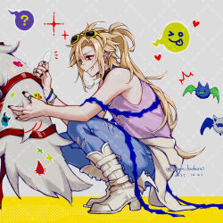  2boys ? ^^^ artist_name bangboo_(zenless_zone_zero) bat_(animal) black_nails blonde_hair blue_pants boots bracelet clothes_around_waist commentary_request dated ear_piercing earrings emoji eyewear_on_head fingernails grey_background grin hair_between_eyes heart high_heel_boots high_heels high_ponytail highres holding_sticker hugo_vlad jewelry long_hair male_focus mole mole_under_eye multiple_boys multiple_bracelets multiple_rings nail_polish notice_lines pants parted_bangs piercing pointy_ears ponytail profile purple_shirt purple_tank_top red_eyes red_ribbon ribbon ring shirt shirt_around_waist sidelocks sleeveless sleeveless_shirt smile solo_focus sparkle speech_bubble spoken_question_mark squatting sticker sunglasses tail tail_ornament tail_ribbon tank_top teeth thumb_ring torn_clothes torn_pants twitter_username very_long_hair von_lycaon washidake white_boots white_shirt winged_boots wolf_tail yellow-framed_eyewear zenless_zone_zero 