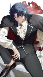  1boy absurdres ahoge arm_on_knee ascot black_coat black_pants black_shoes blade_(honkai:_star_rail) blue_hair bouquet closed_mouth coat coat_on_shoulders cup dress_pants dress_shirt dress_shoes drinking_glass fang fang_out highres honkai:_star_rail honkai_(series) knee_up long_sleeves looking_at_viewer male_focus pants red_eyes shirt shoes short_hair simple_background sitting solo tune_oekk vest waistcoat white_ascot white_background white_shirt wine_glass 