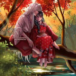  1boy 1girl animal_ears autumn autumn_leaves black_hair braid braided_ponytail closed_eyes dog_ears fingernails floral_print floral_print_kimono hakama haori highres higurashi_kagome inuyasha inuyasha_(character) japanese_clothes kimono leaf lennys long_fingernails obi outdoors print_kimono red_hakama sash sitting smile web_address white_hair 