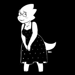  1:1 1girl 2016 2d alphys alternate_costume anthro artist_name barefoot black_background blazbaros blush_stickers breasts buck_teeth commentary digital_media dinosaur dinosaur_girl dress english_commentary female female_only full_body glasses lizard lizard_girl lizard_tail monster monster_girl official_alternate_costume own_hands_together polka_dot polka_dot_dress reptile reptile_girl reptile_tail scalie simple_background sleeveless sleeveless_dress solo standing tail teeth undertale utdr_(toby_fox) 