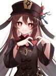  1girl :d bead_bracelet beads black_headwear black_nails bracelet brown_hair chinese_clothes closed_mouth flower flower-shaped_pupils flower_hat genshin_impact gradient_hair hair_between_eyes hair_flaps hat hat_flower head_tilt heart heart_hands highres hu_tao_(genshin_impact) jewelry long_hair looking_at_viewer multicolored_hair ougi_(u_to4410) porkpie_hat red_eyes red_flower redhead sidelocks simple_background smile solo swept_bangs symbol-shaped_pupils upper_body very_long_hair white_background wide_sleeves 