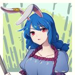  1girl animal_ears bamboo blue_hair breasts collarbone commentary english_commentary hair_between_eyes long_hair looking_at_viewer medium_breasts open_mouth outline puffy_short_sleeves puffy_sleeves rabbit_ears rabbit_girl red_eyes seiran_(touhou) short_sleeves solo speckticuls touhou triangle_mouth white_outline 