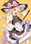  1girl :d apron black_dress bobby_socks broom dress feet_out_of_frame flat_chest hat highres holding holding_broom jill_07km kirisame_marisa orange_background red_eyes simple_background smile socks solo touhou unfinished_dream_of_all_living_ghost waist_apron witch_hat 