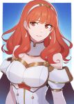  1girl bare_shoulders breasts cape celica_(fire_emblem) detached_collar detached_sleeves dress earrings edmonmondo english_commentary fire_emblem fire_emblem_echoes:_shadows_of_valentia hairband highres jewelry long_hair looking_at_viewer medium_breasts open_mouth red_eyes redhead smile solo tiara wavy_hair white_armor 
