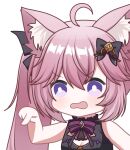  1girl ahoge animal_ear_fluff animal_ears black_bow black_dress bow bowtie bright_pupils cat_ears cat_girl chibi cleavage_cutout close-up clothing_cutout dress hair_bow long_hair nyatasha_nyanners open_mouth pink_hair pointing purple_bow purple_bowtie solo twintails violet_eyes virtual_youtuber vshojo white_pupils zerorespect_bot 