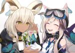  2girls absurdres animal_ear_fluff animal_ears arknights bare_shoulders beeswax_(arknights) black_coat blue_butterfly bug butterfly cardigan cardigan_(arknights) closed_eyes coat dark-skinned_female dark_skin dog_ears dog_girl fangs flower goat_ears goat_girl goat_horns goggles goggles_on_head gold_horns highres holding holding_flower horns infection_monitor_(arknights) kinosuke_(pattaba) long_hair multicolored_hair multiple_girls open_mouth simple_background smile streaked_hair upper_body white_background white_cardigan white_hair yellow_eyes 