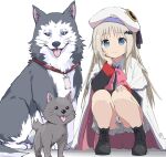  1girl bat_hair_ornament blonde_hair blue_eyes cape dog hair_ornament hat highres husky kud_wafter little_busters! long_hair noumi_kudryavka rauto school_uniform skirt smile solo 