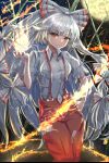  1girl bamboo blunt_bangs bow collared_shirt commentary_request fire fujiwara_no_mokou full_moon grey_hair hair_bow highres lobstrater64 long_hair looking_at_viewer moon ofuda ofuda_on_clothes pants parted_lips red_eyes red_pants shirt solo suspenders touhou white_bow white_shirt 
