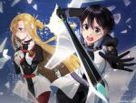  1girl asuna_(sao) broken_glass glass highres holding holding_sword holding_weapon kirito own_hands_clasped own_hands_together pants ranhana_(bio392) red_pants sword sword_art_online sword_art_online_the_movie:_ordinal_scale weapon 
