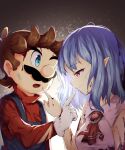  1boy 1girl absurdres ascot blood blood_on_clothes blood_on_face blood_on_hands blue_eyes blue_hair brown_hair closed_mouth commentary english_commentary facial_hair gloves highres index_finger_raised long_sleeves mario mustache no_headwear one_eye_closed pointy_ears red_ascot red_eyes remilia_scarlet ruu_(ruigi12) short_hair sleeveless smile super_mario_bros. touhou upper_body white_gloves 