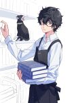  1boy absurdres amamiya_ren animal apron black-framed_eyewear black_apron black_cat black_eyes black_hair book buttons cat closed_mouth collared_shirt commentary_request glasses hair_between_eyes highres holding holding_book long_sleeves looking_at_viewer male_focus messy_hair morgana_(persona_5) open_mouth persona persona_5 shirt short_hair tsubsa_syaoin white_background white_shirt yawning 