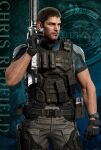 1boy arm_hair assault_rifle belt black_gloves black_hair brown_pants bulletproof_vest chris_redfield clenched_hand closed_mouth gloves green_background green_shirt green_sleeves gun holding holding_weapon holster male_focus muscular official_art pants resident_evil resident_evil:_death_island rifle shirt short_hair short_sleeves simple_background solo standing thigh_holster weapon 