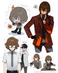  akechi_gorou amamiya_ren black_gloves black_hair blush brown_eyes brown_hair btmr_game chibi closed_eyes closed_mouth collared_shirt eating food glasses gloves hand_on_own_hip highres jacket long_sleeves male_focus multiple_boys multiple_views necktie opaque_glasses pants persona persona_5 red_eyes shirt short_sleeves signature simple_background sparkle spoken_squiggle squiggle sweat white_shirt 