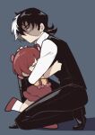  1boy 1girl angry black_hair black_jack_(character) black_jack_(series) black_pants black_vest blue_background brown_hair child closed_eyes collared_shirt crying from_side full_body hand_on_another&#039;s_head highres hug kneeling leg_up long_sleeves multicolored_hair neck_ribbon pants patchwork_skin pinoko red_eyes red_ribbon ribbon scar scar_on_face shirt short_hair short_sleeves sideburns simple_background skirt split-color_hair suspender_skirt suspenders tian_niunai_hezi two-tone_hair vest white_hair 